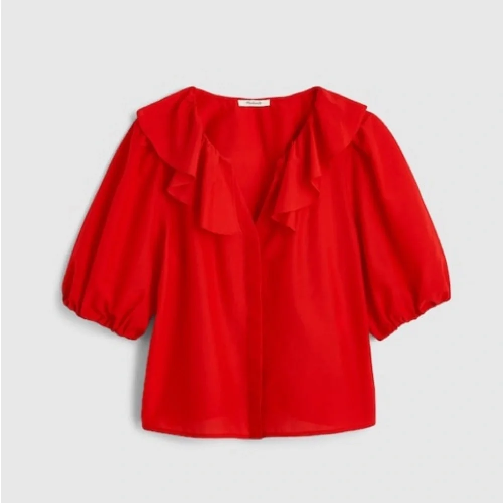 Madewell Cotton Silk Ruffle Y-Neck Blouse Festival Red XS NWT Puff Sleeve Top